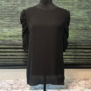 Theory Women’s Black Silk Ruffle Ruched Sleeve Exposed Back‎ Zipper Blouse Large